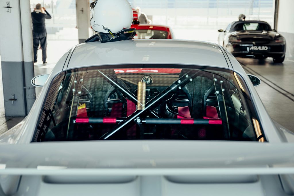 Race car interior inside the garage.